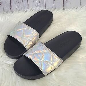 Victoria's Secret PINK Silver Rainbow Holographic Metallic Slide Slip-On Sandals